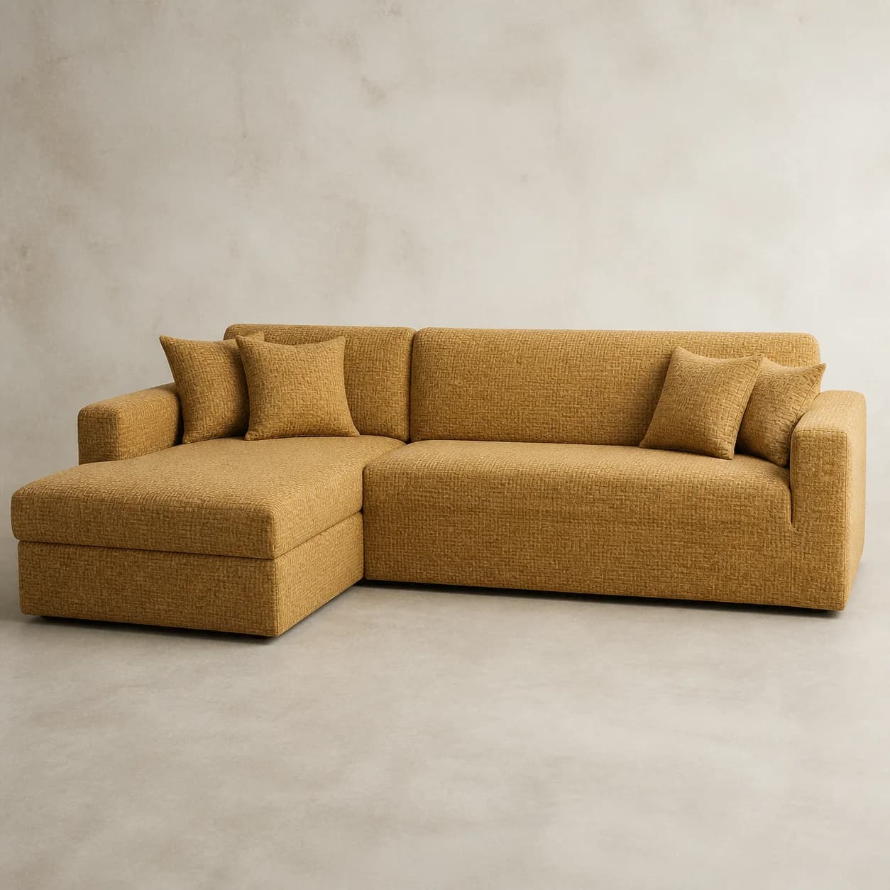 Canapé d’angle habillé d’une housse jacquard ocre