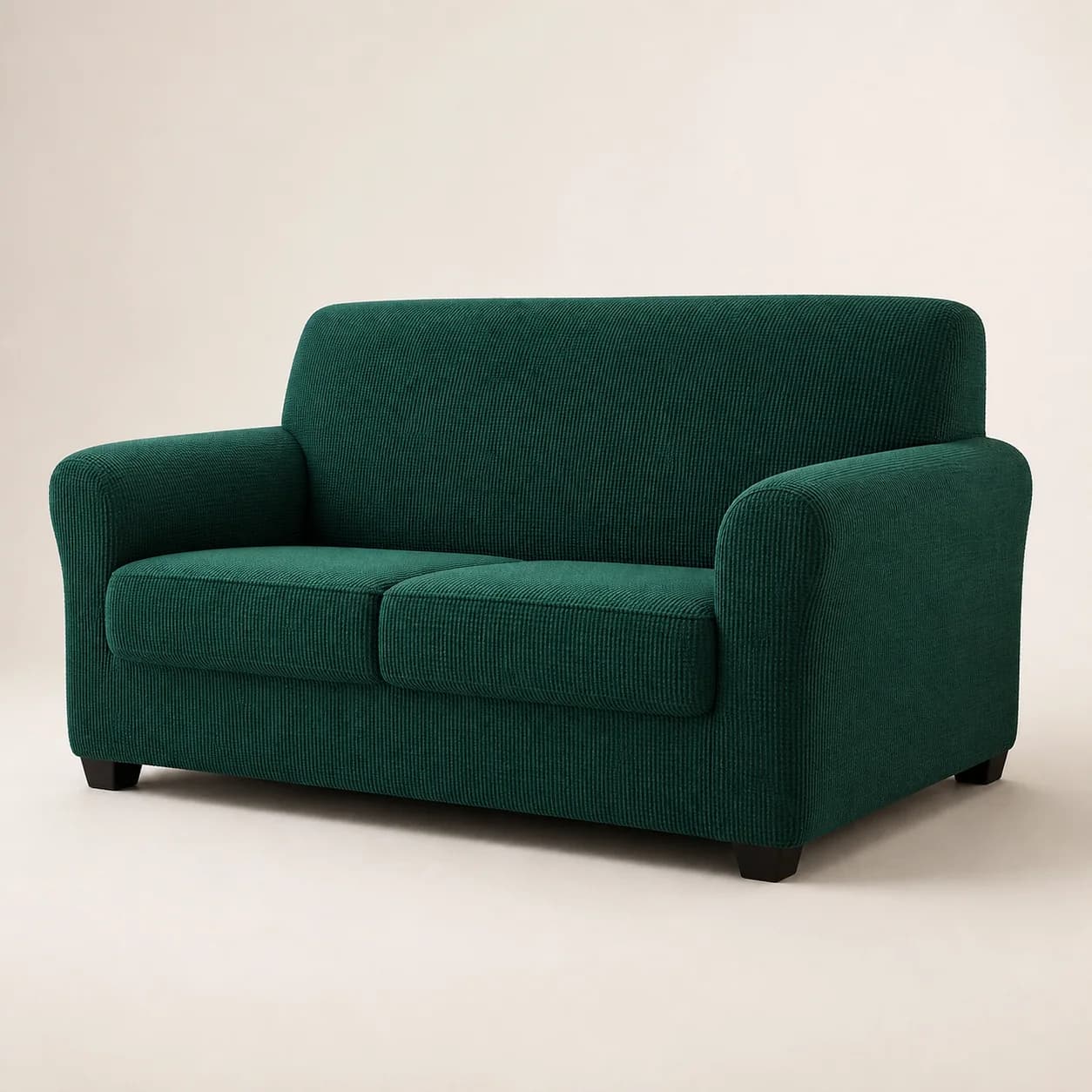 Canapé deux places habillé d’une housse textile vert émeraude
