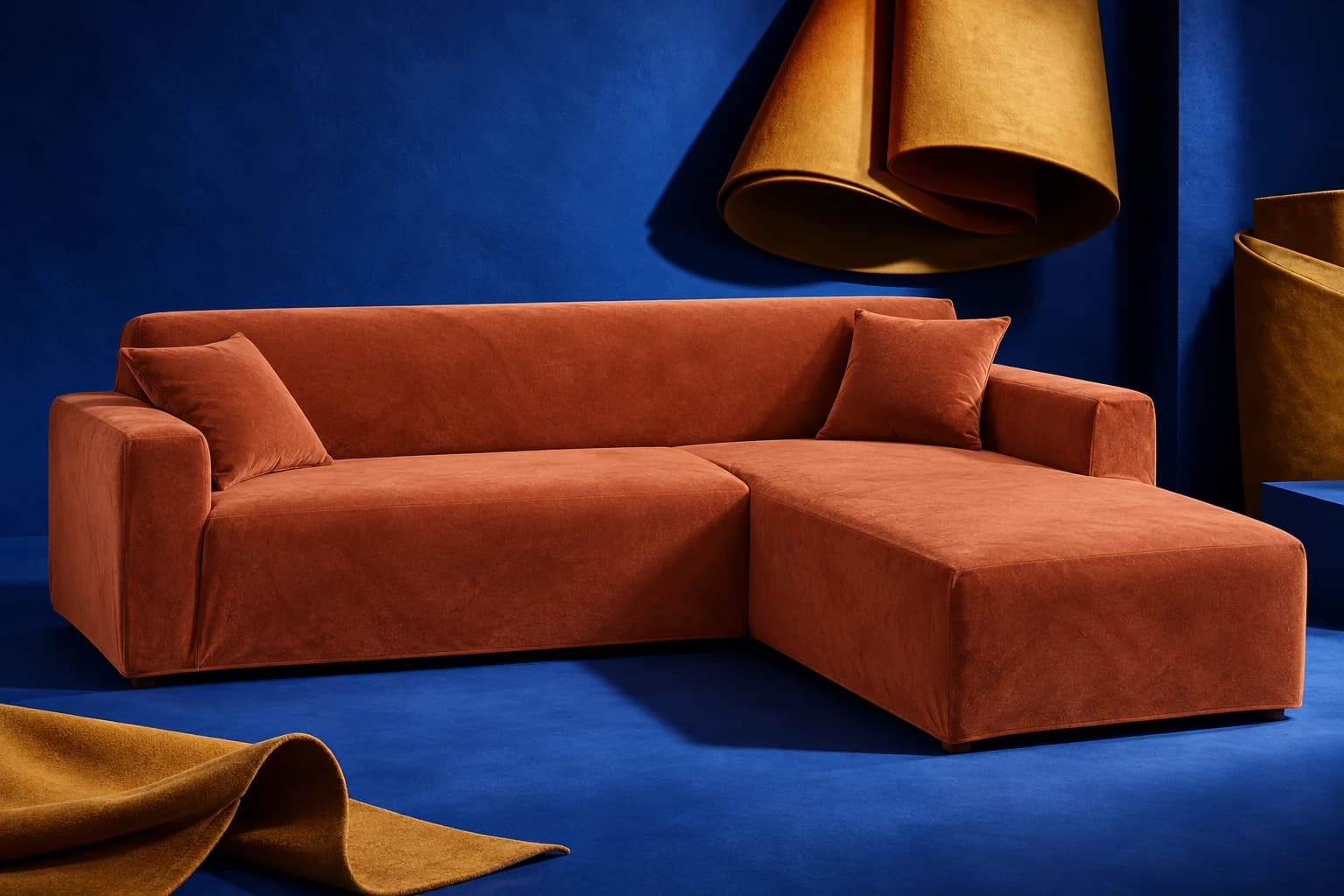 Canapé d’angle habillé d’une housse en velours terracotta dans un studio cobalt