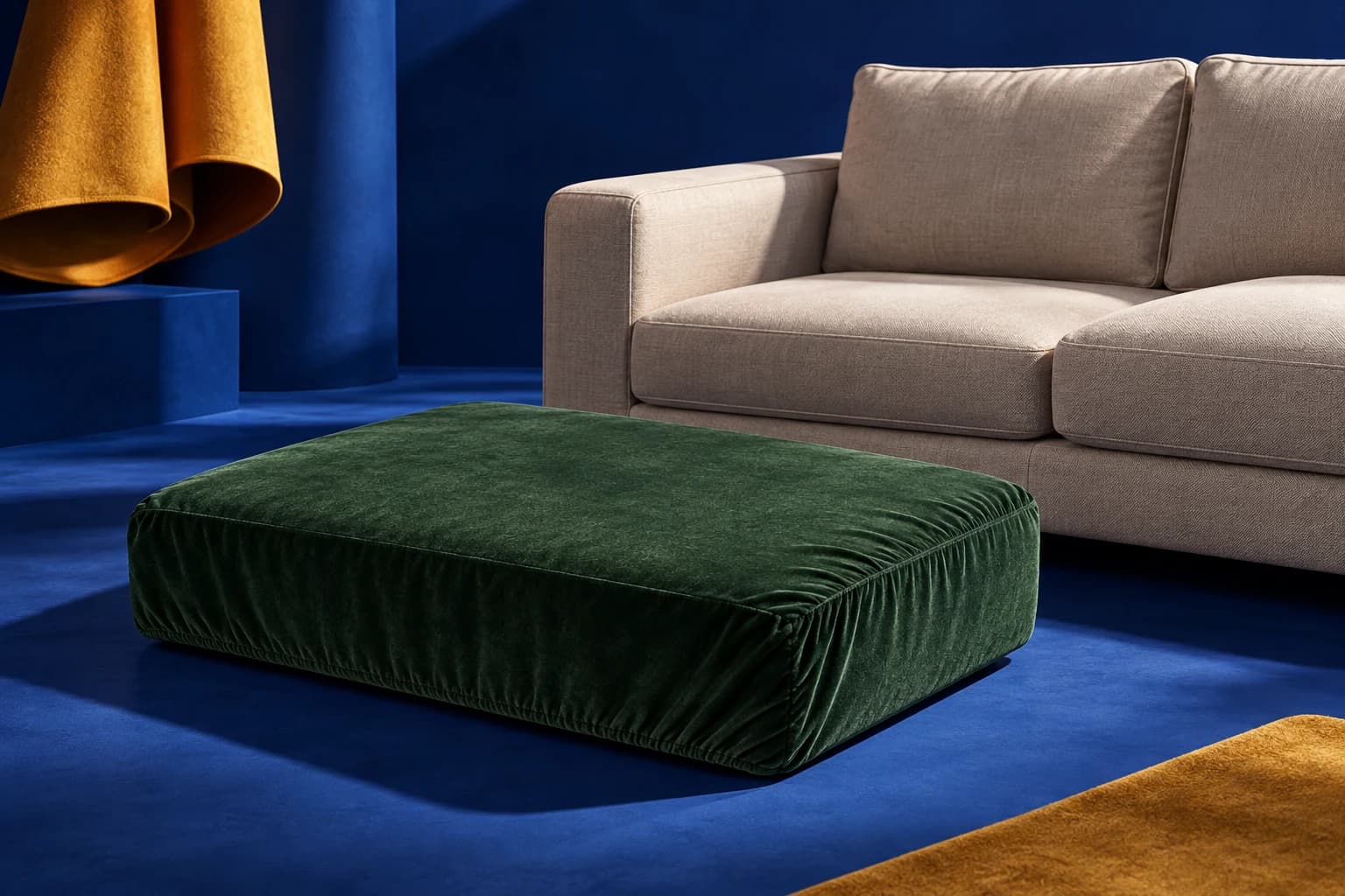 Coussin d’assise habillé d’une housse en velours vert forêt