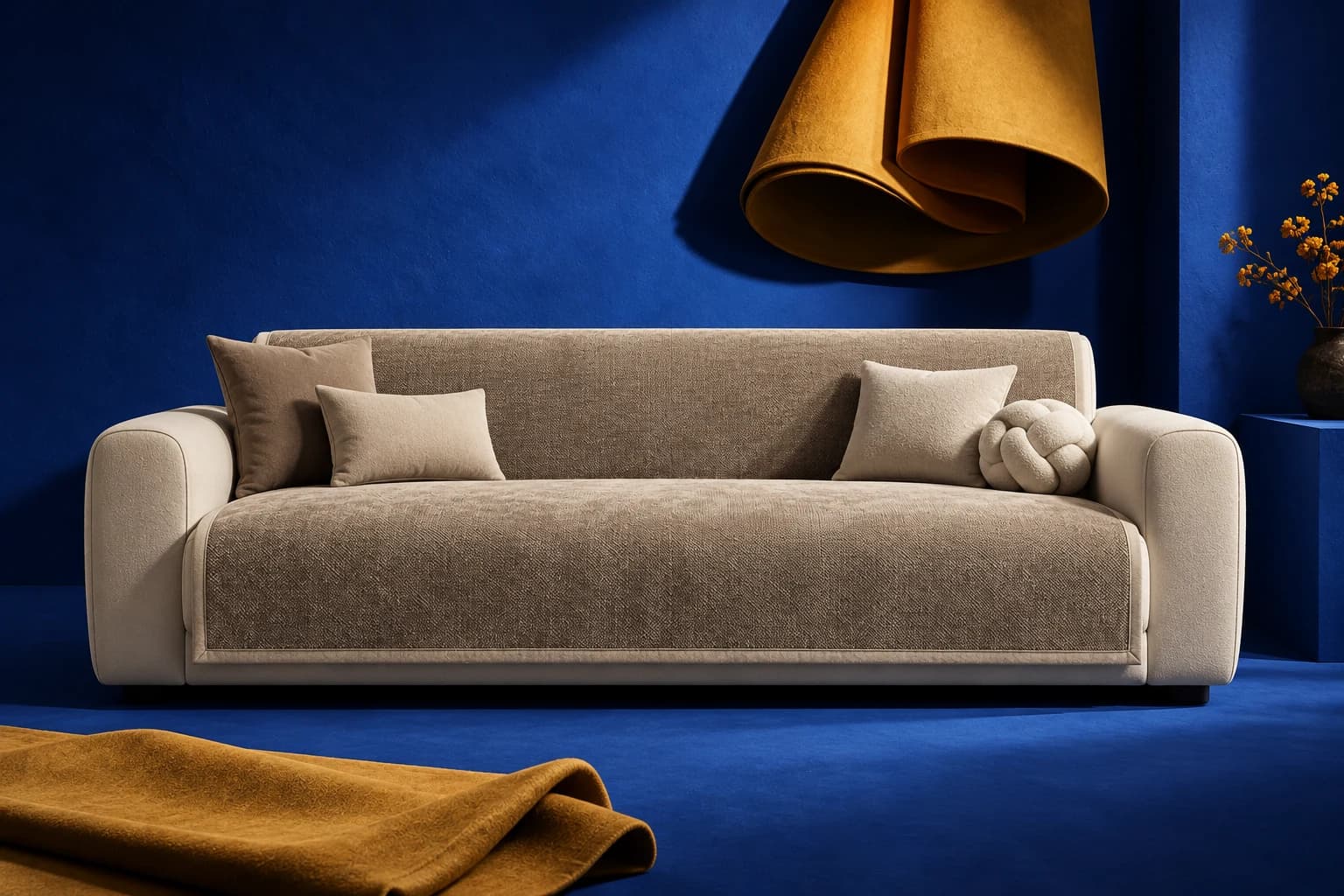 Jeté de canapé en chenille taupe présenté dans un décor studio cobalt