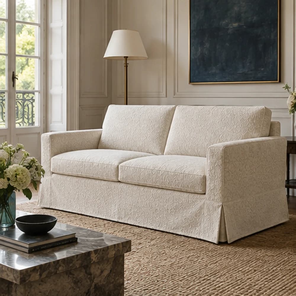 la housse Jacquard Atelier à finition jupe dans un intérieur contemporain