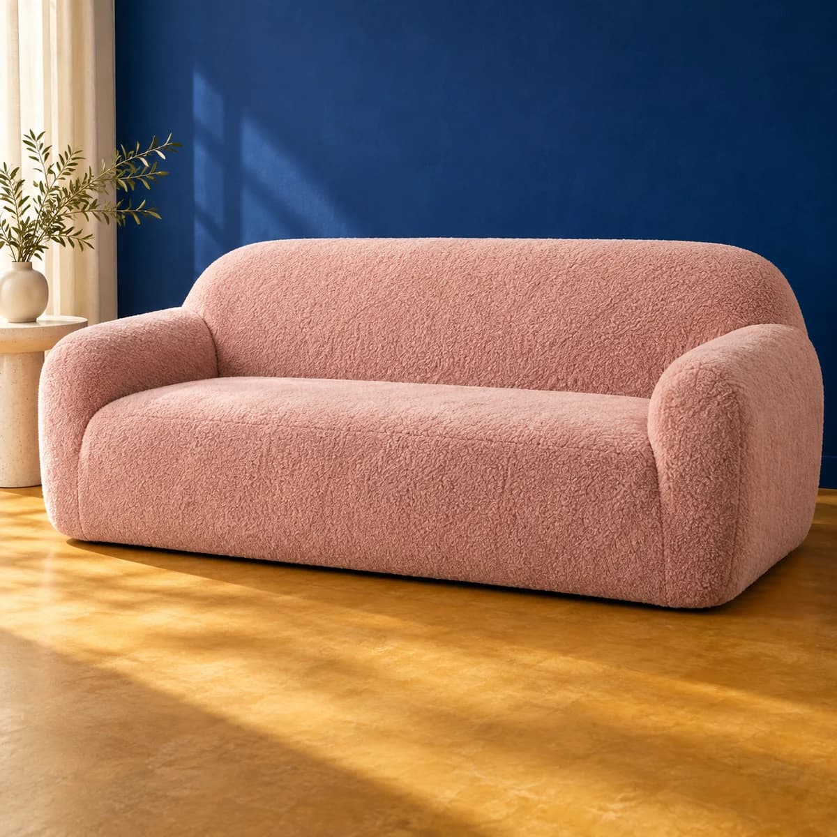 Canapé arrondi habillé d’une housse velours nuage rose poudré dans un studio Housees