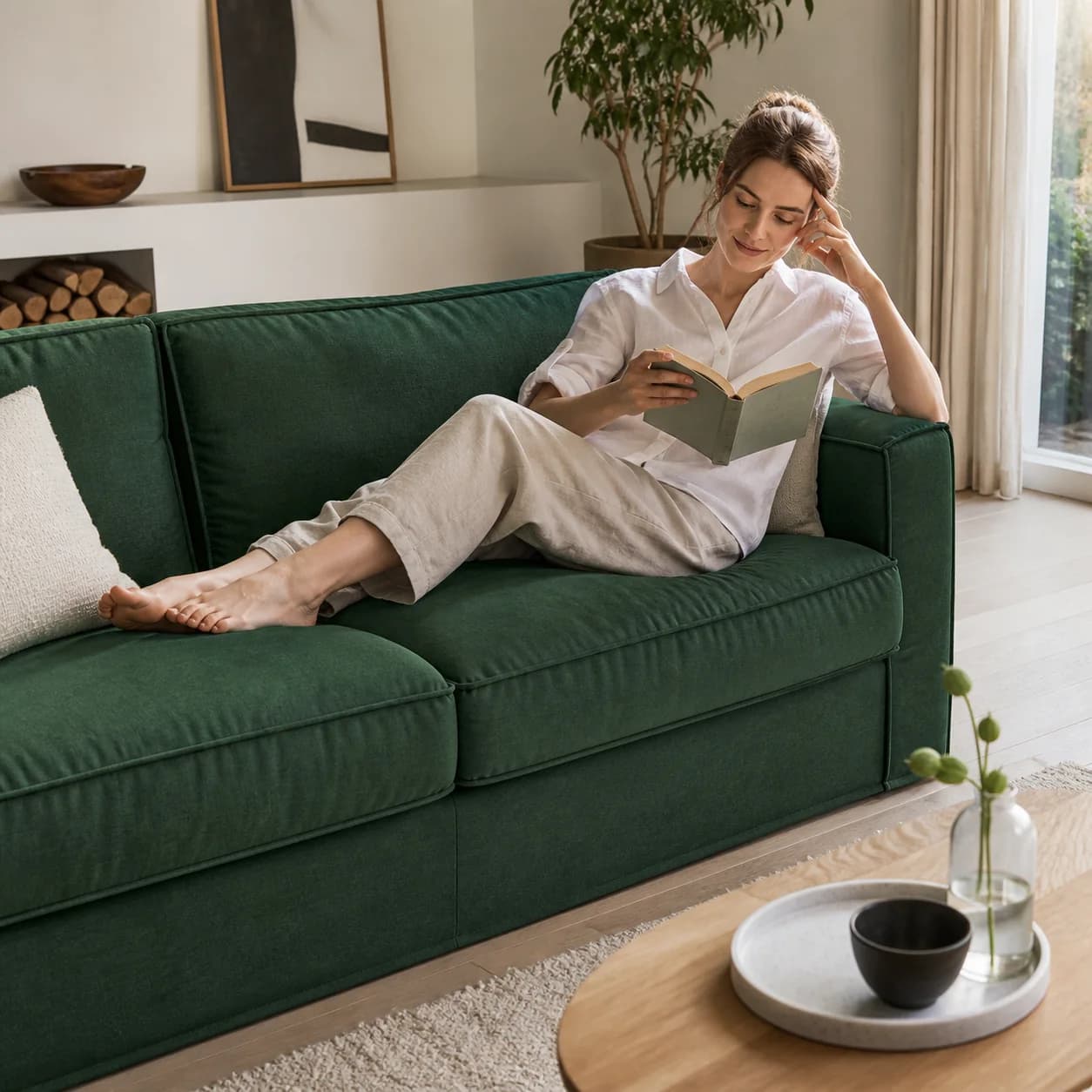 Personne lisant sur un canapé habillé d’un textile vert