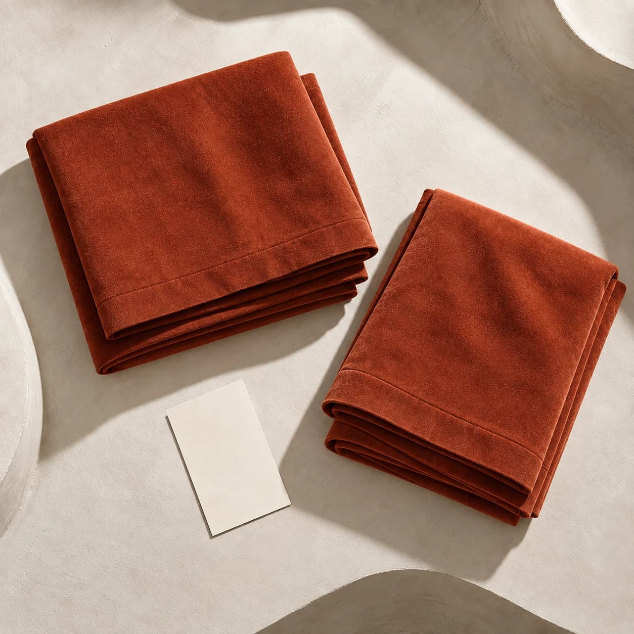 Deux pièces de housse en velours terracotta pliées côte à côte