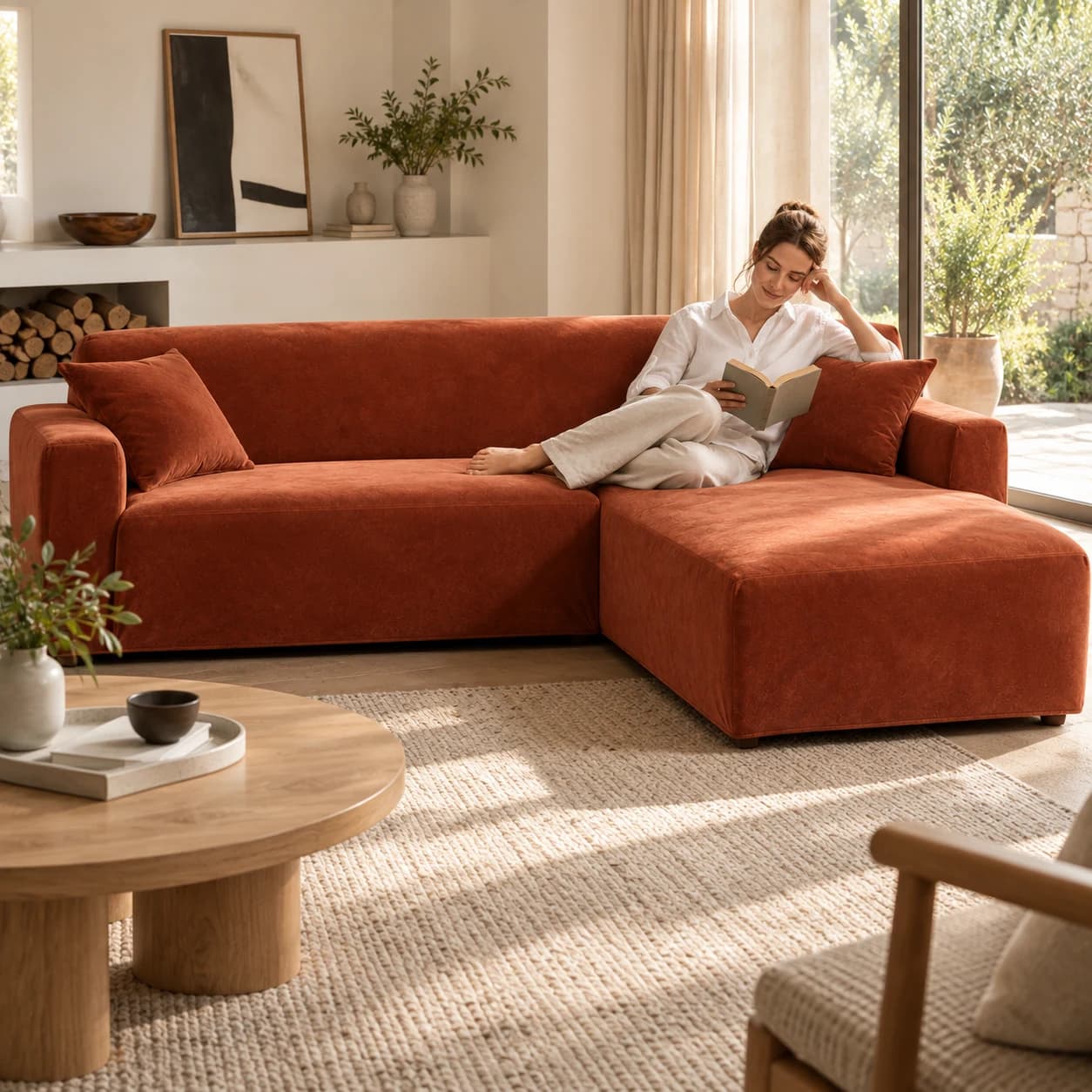 Housse terracotta installée sur un canapé d’angle dans un salon lumineux