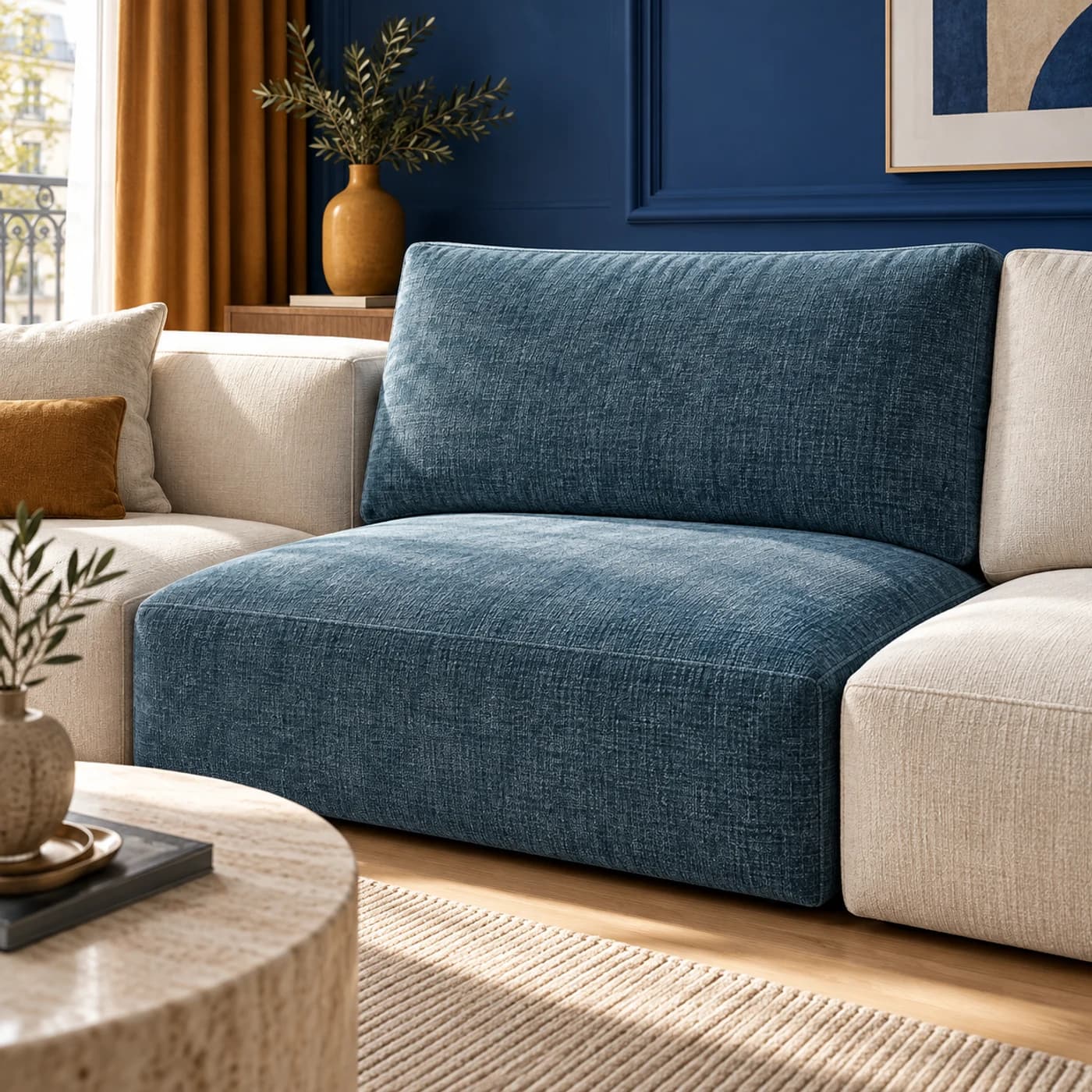 Coussin modulaire habillé d’une housse en chenille bleu pétrole