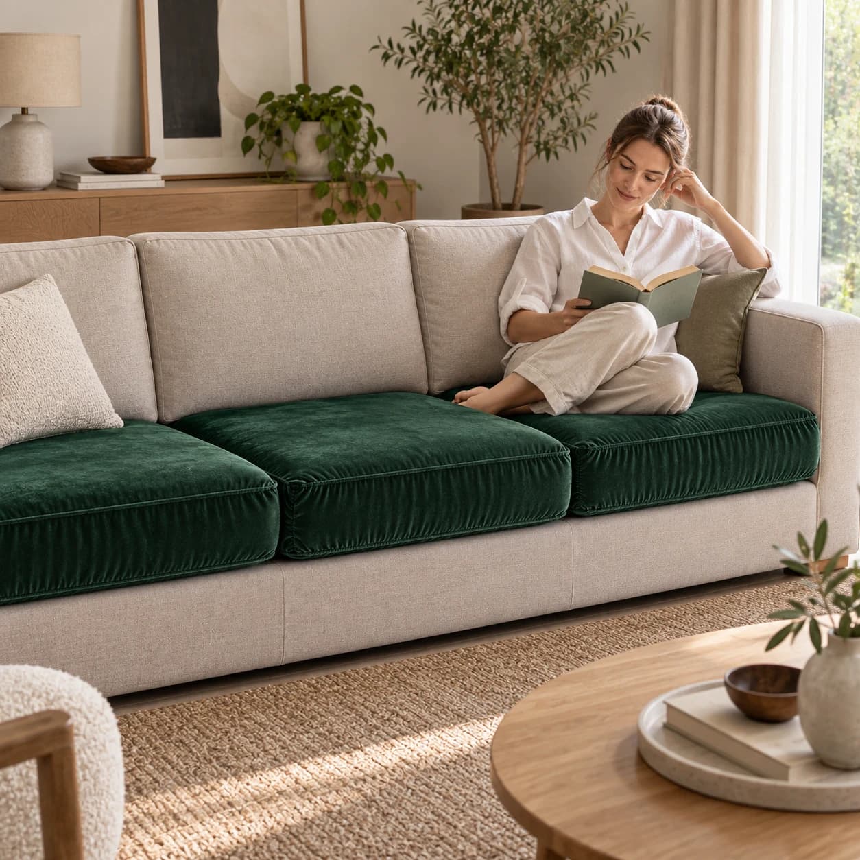 Trois housses vert forêt installées sur les coussins d’assise d’un canapé