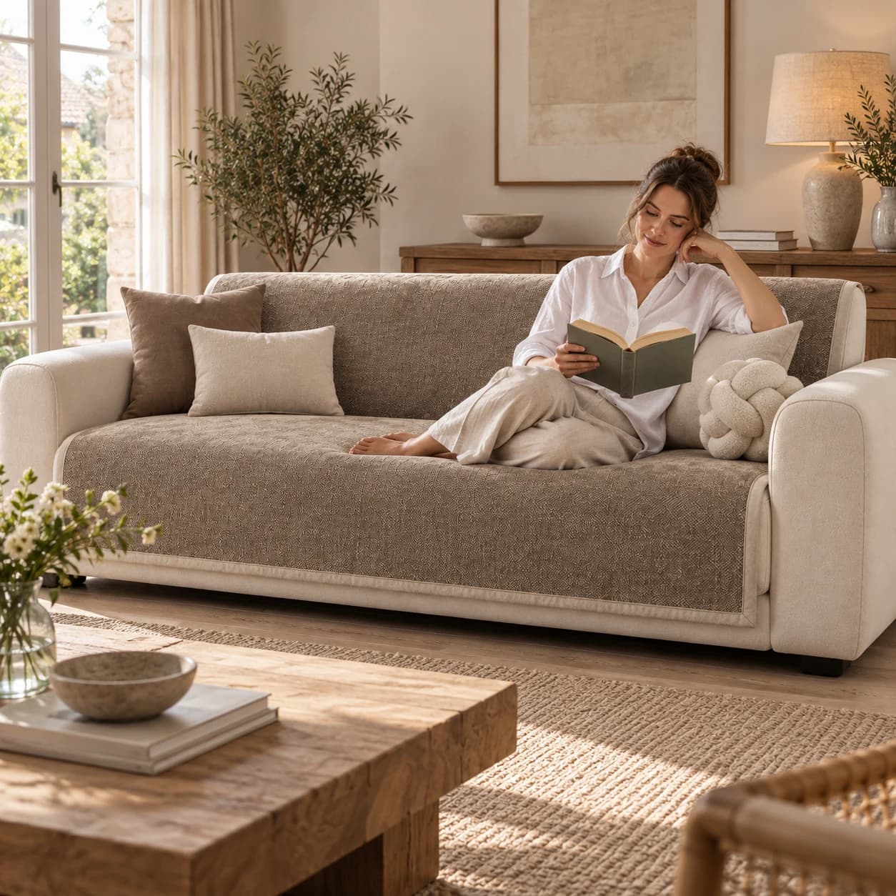Jeté en chenille taupe installé sur un canapé dans un salon lumineux
