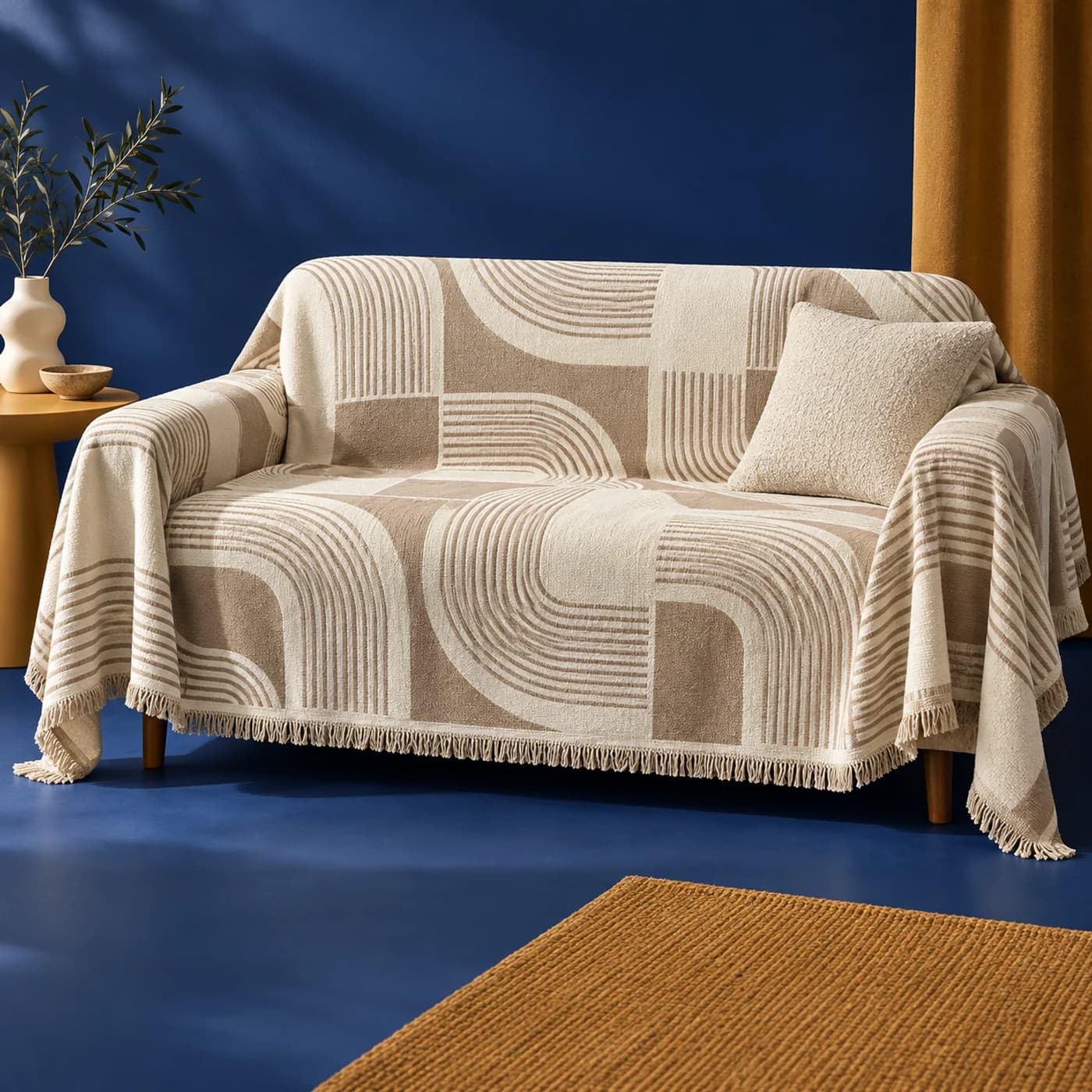 Jeté en chenille écru à motif graphique installé sur un canapé contemporain