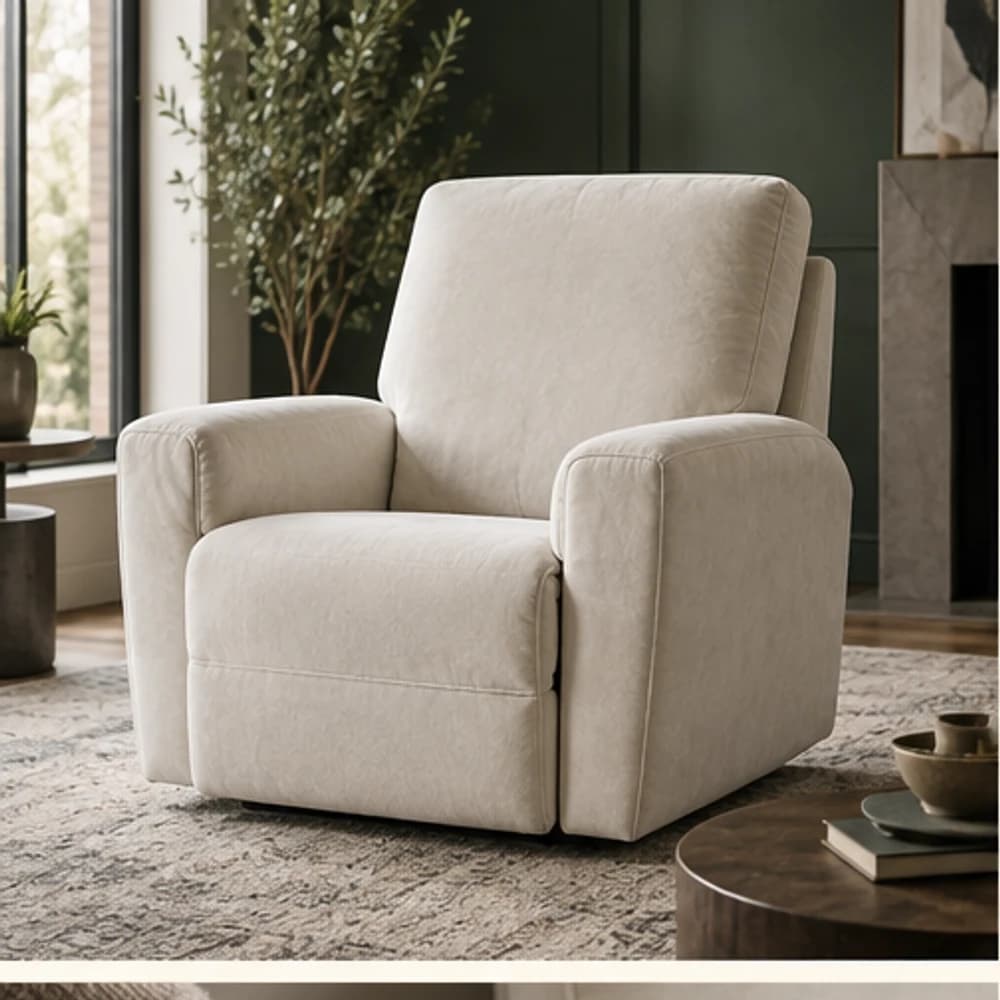 Fauteuil relax habillé d’un ensemble quatre pièces en velours ivoire