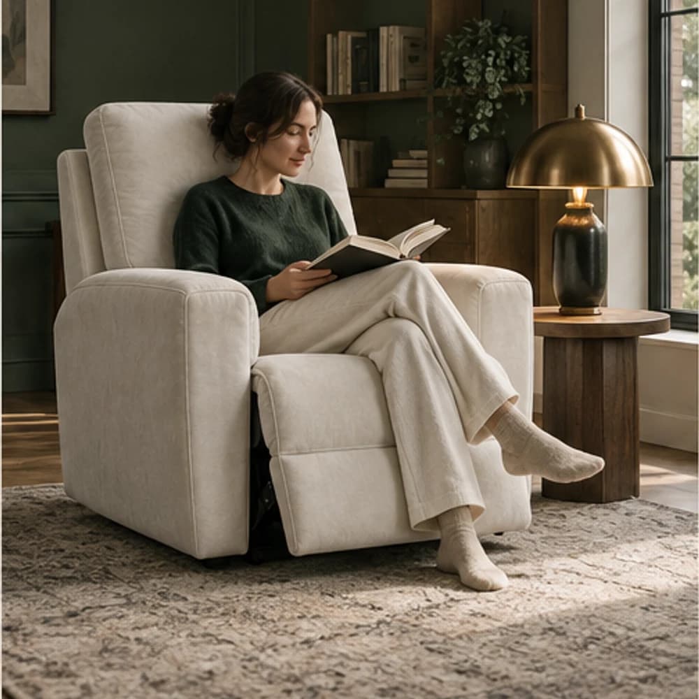 Fauteuil relax ivoire dans un coin lecture contemporain